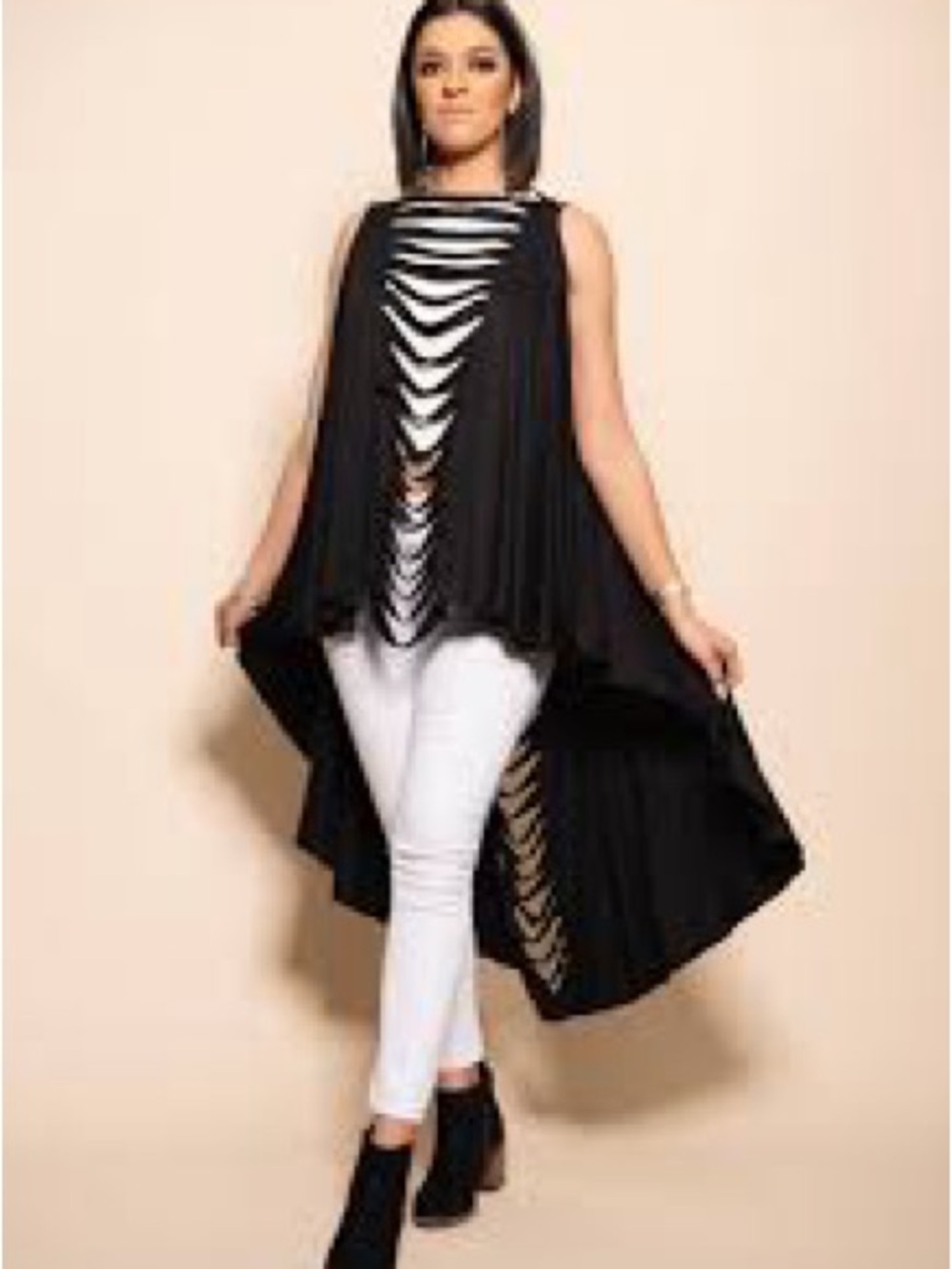 Asymmetrical Black Sleeveless Draped Vest with Strappy Front - Picture 2 of 3